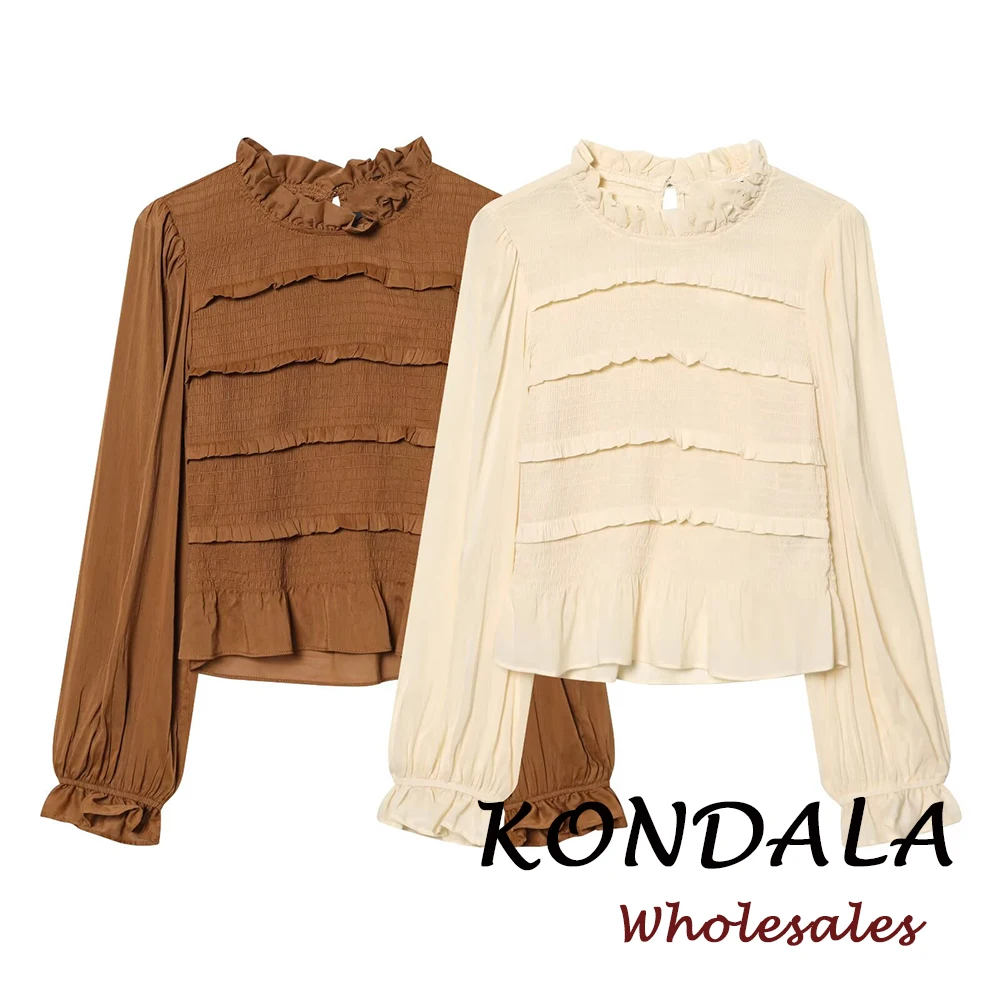 KONDALA Chic Pleated Beige O-Neck Women Solid Blouse Fashion 2026 Spring Elegant Full Sleeve Modern Elegant Tiered Casual Shirt