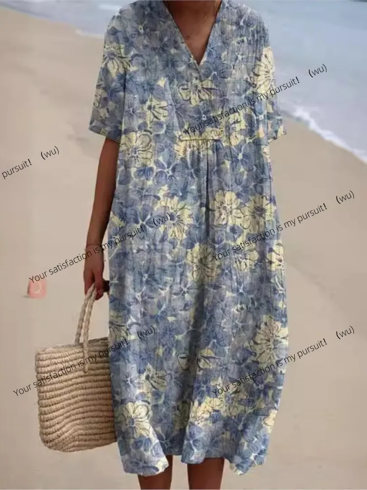 ZOCI - a loose print women's dress with an elegant V-neck short-sleeved suit, perfect for beach parties and vacations