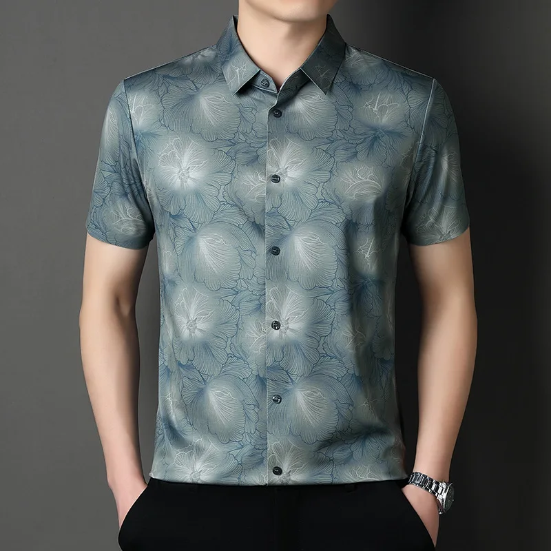Men Summer Ice Silk Short Sleeve Shirt Business Casual Loose Tops Lightweight Breathable Beach Vacation Korean Popular Clothes