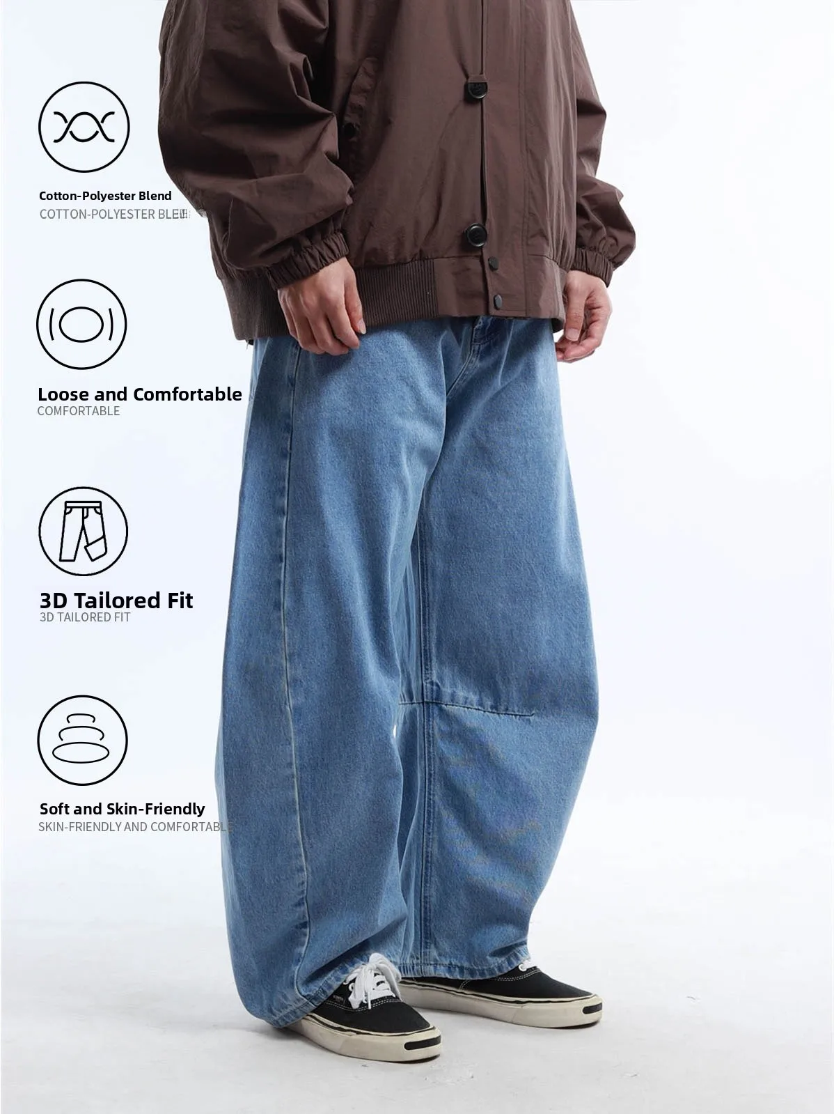 Reknat Blue Jeans Loose Straight Leg Washed Comfortable Breathable Retro Large Bend Casual Cotton Polyester Blend for All Sea...