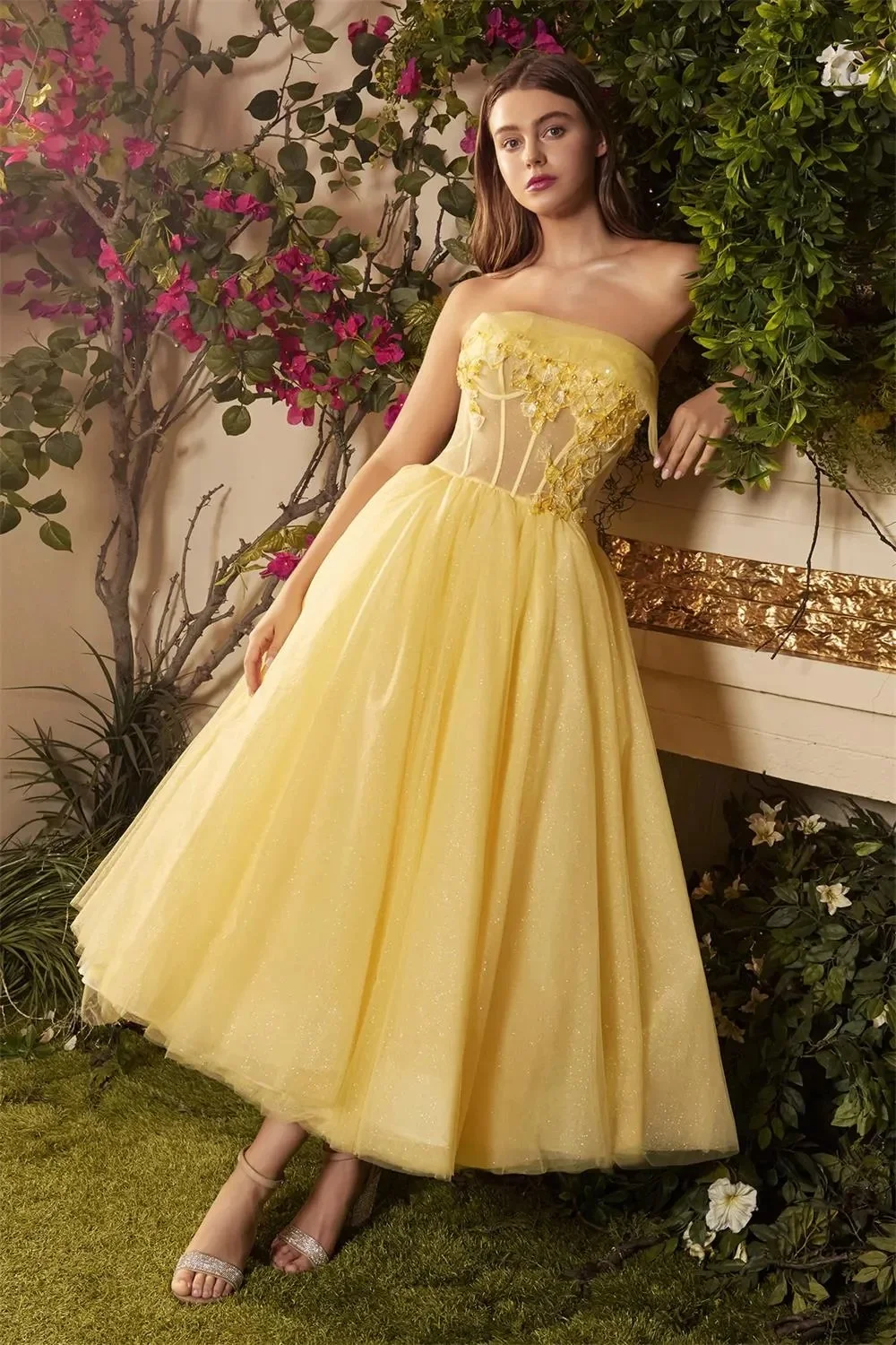 Robe de soirée formelle jaune sans bretelles, appliques A-ligne, robe de soirée de mariage, robe de Rh, robe de patients, robe éducative