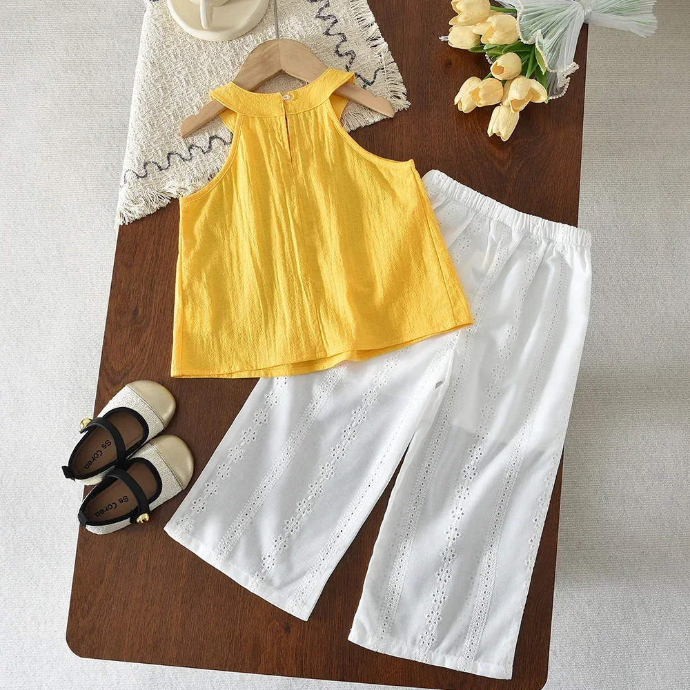 Kleinkind Mädchen Kleidung Sommer Neue Freizeit Urlaub Kinderkleidung Süßes Gelbes Ärmelloses Neckholder-Top + Weiße Hose – Detail 10