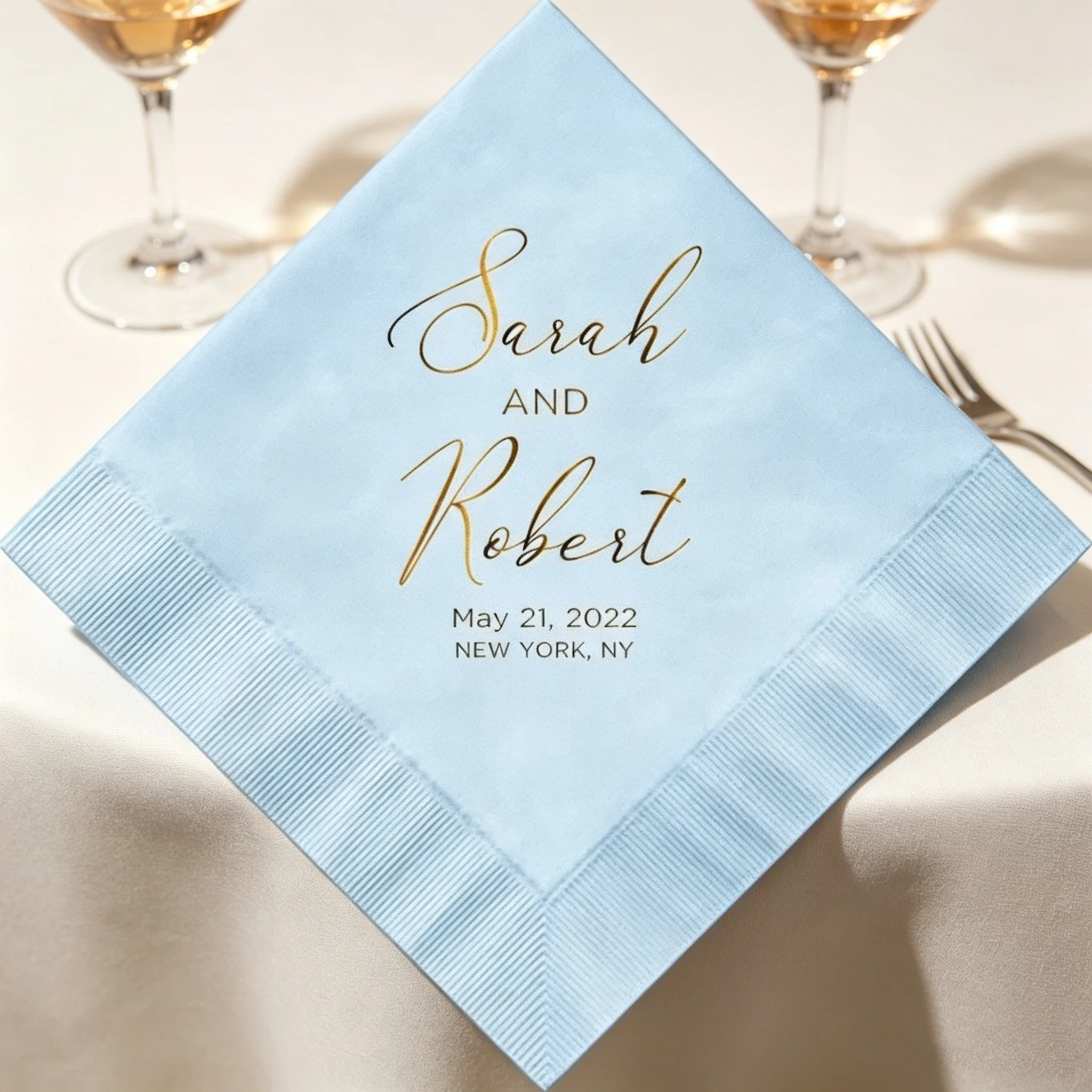 

50pcs Custom Gold Foil Wedding Napkins, Personalized Couple Names, Date & Location Disposable Cocktail Napkins, Multi-Colors for