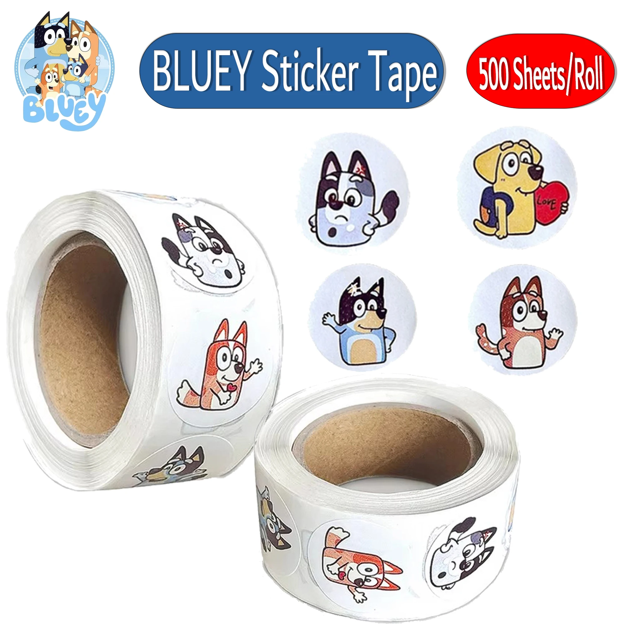 500 Sheets/Roll Bluey Bingo Dog Sticker Cartoon Anime Sticker Decoration Kid Album Diary Envelope Sealing Paper Tape Sticker toy