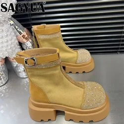 Crystal Platform Ankle Boots Women Chelsea chunky Shoes Canvas Snow Designer Autumn 2024 Trend Goth Casual Boots Zapatos Mujer