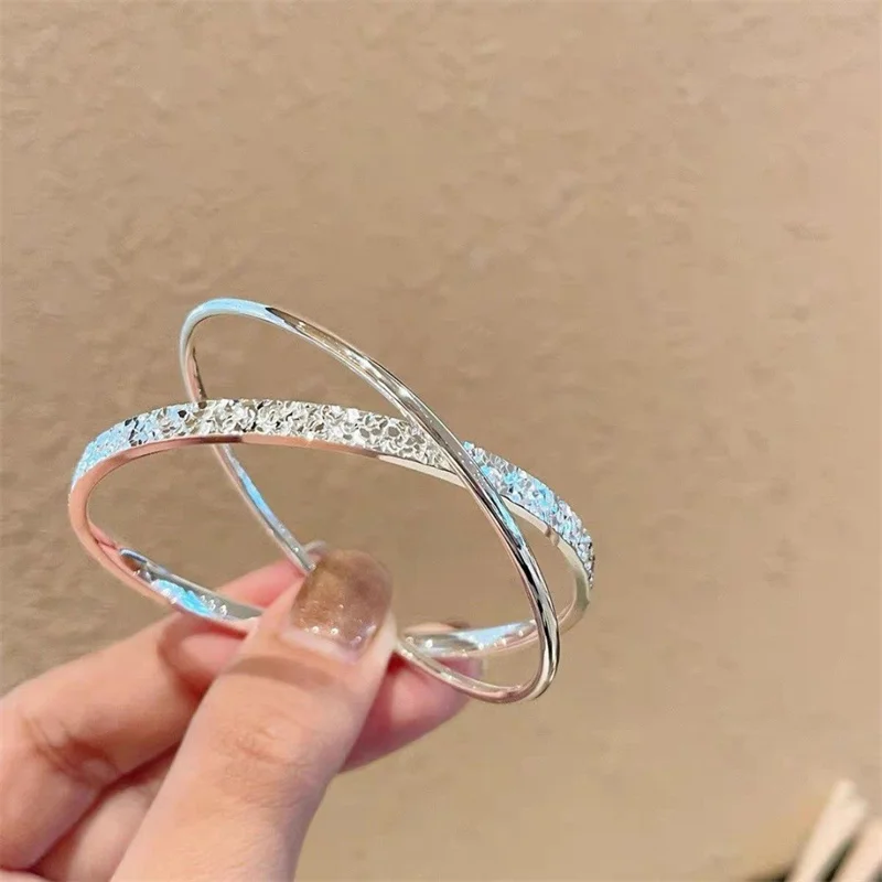OUYADI Women 999 Sterling Silver Double Loop Closed Bangle Sparkling Crushed Ice Hammered Stackable Bracelet Gift