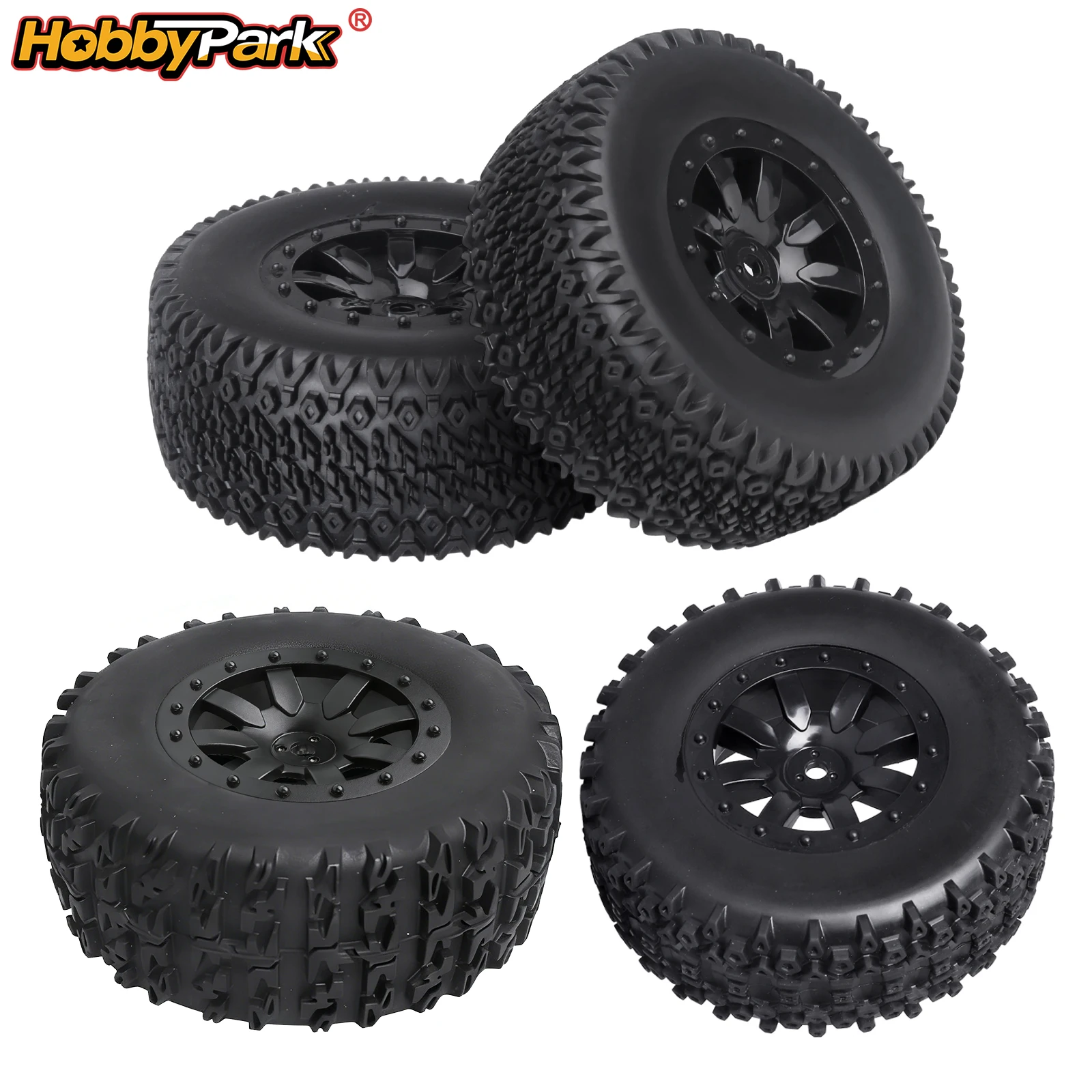 HobbyPark Pre-Glued 1/10 SC Tires Wheels 12mm Hex for Traxxas Slash 4x4 2WD Short Course Truck TR10 Losi 22S SCT Redcat Blackout