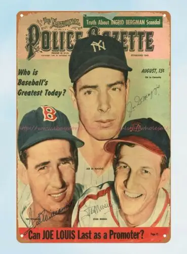 art prints Joe DiMaggio, Ted Williams & Stan Musial 1949 Police Gazette tin sign