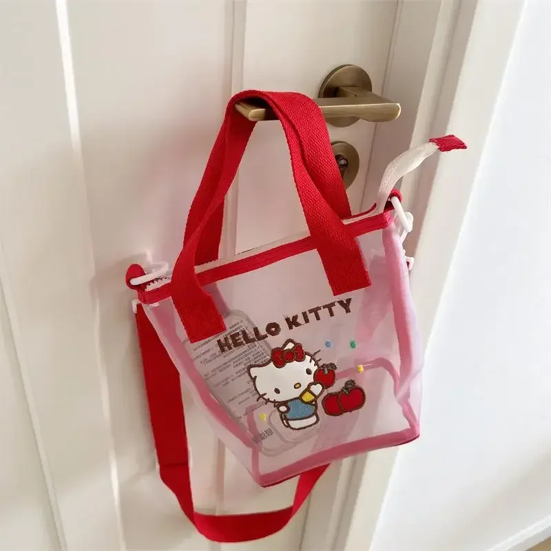 Sanrio Hello Kitty-Bolso de hombro de malla Kawaii, bolso Bento de mano con estampado bonito, bolso ligero transparente, regalo para niña