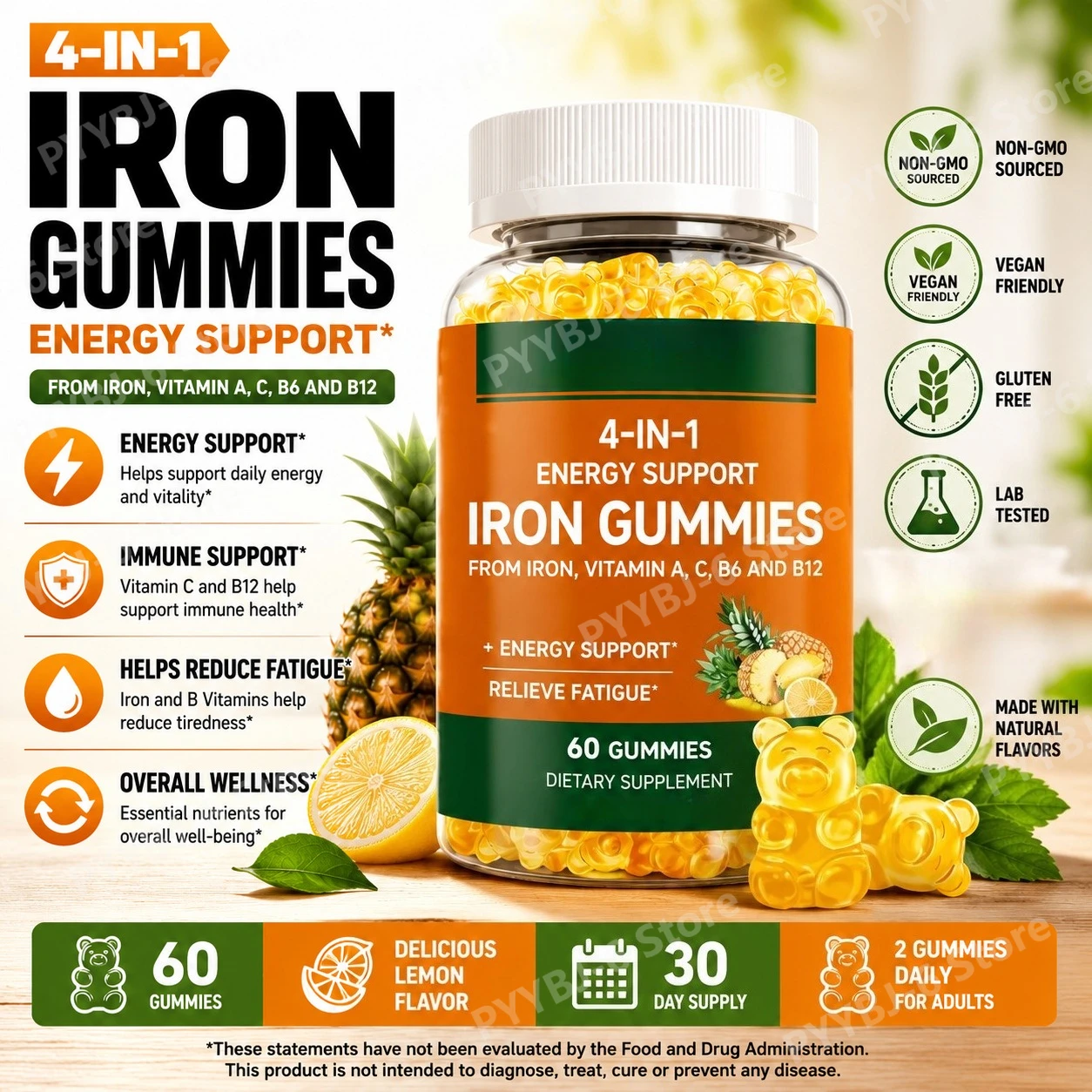 

Iron Gummies with Vitamin A C D3 B12 for Adults Supports Energy Immune Health Non-GMO Lemon Flavor Dietary Supplement 60Gummies