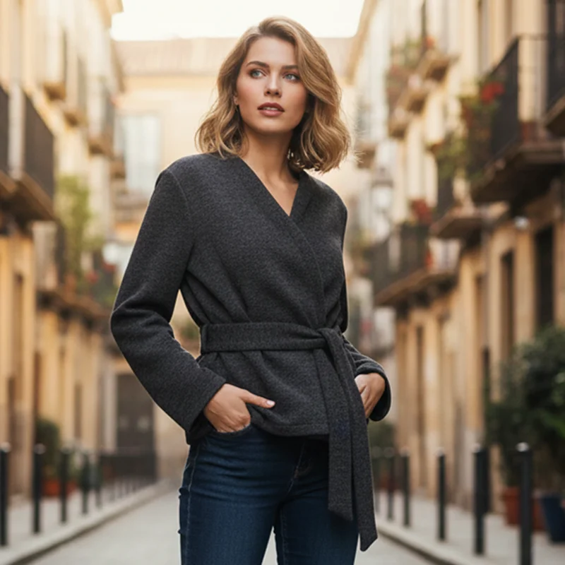 Nova moda feminina casaco sólido com cinto casual solto com decote em v manga longa rendas até jaquetas outono senhora outerwears