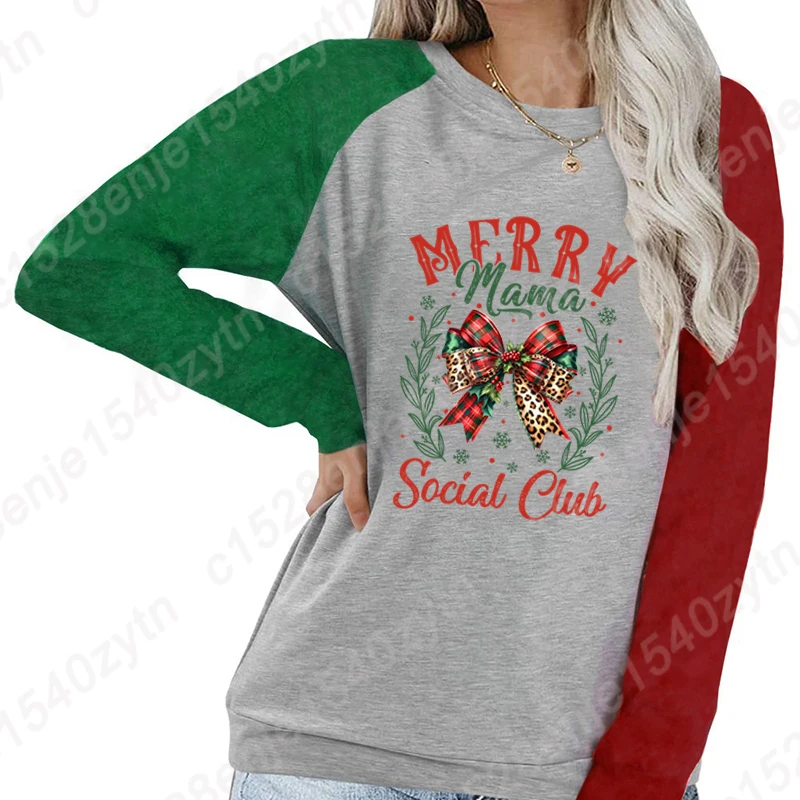 

Women Autumn Long Sleeves T-Shirts Christmas Bow Merry Mama Social Club Graphic Loose Sweatshirts Women Winter Popular Pullovers