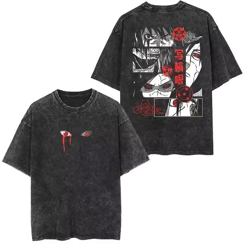 T-shirt délavé Naruto Uchiha Clan Été 2026 Anime Harajuku Streetwear Oversize Coton Y2K Rétro Otaku Décontracté