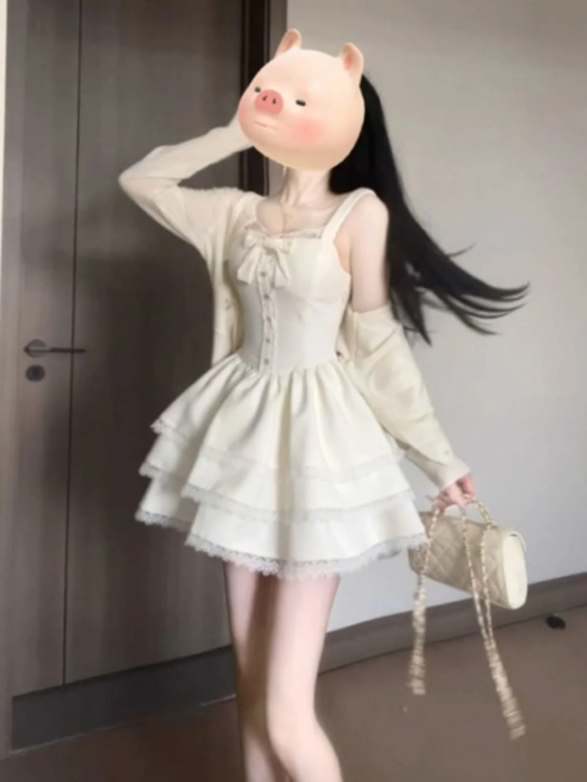 

Puffy Sleeve Dress And Cardigan Set Korean Style Women's Fashion Comfortable Cotton Long Sleeve Button up Two Piece Outfit