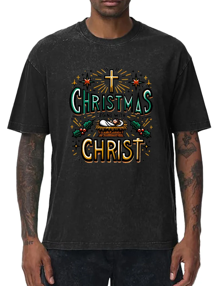 

Christmas Christ 230g Heavy Cotton Washed Oversized T-Shirt for Men Christmas Graphic Tee Retro Casual Top