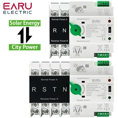 Imagen 1 del producto ATS de carril Din para PV e inversor, interruptores selectores de transferencia automática de doble potencia, potencia ininterrumpida 2P 4P AC 110V AC 230V 125A