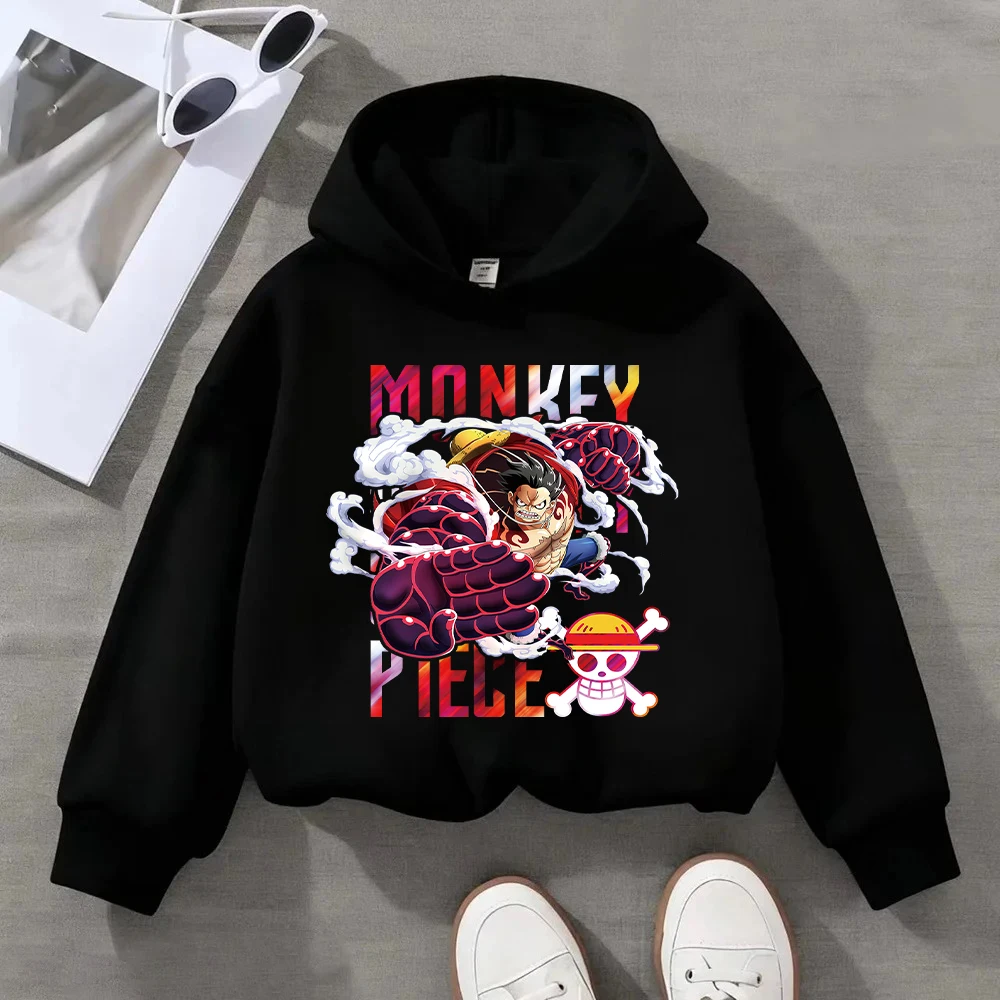 سترة بغطاء للرأس مطبوعة من قطعة واحدة للأطفال من Monkey D. Luffy، أنيمي - سويت شيرت كاجوال بطابع للأولاد والبنات، بلوفر قطني مريح