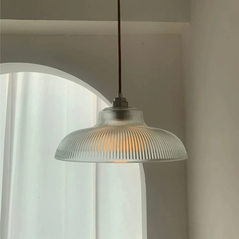 Circular Striped Glass Lampshade Pendant Lights Japanese Designer LED Hanging Lamps Living Room Balcony Dining Table Dining Room