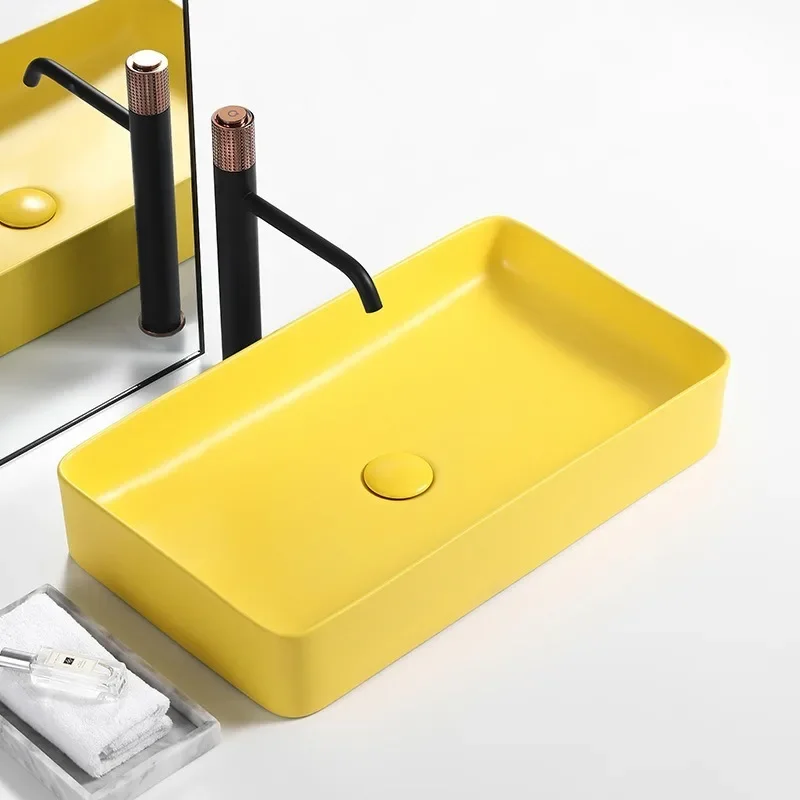 Rectangular Ceramic Wash Basin, Nordic Countertop, Matte Yellow, Household, Hotel, Bathroom, Balcony