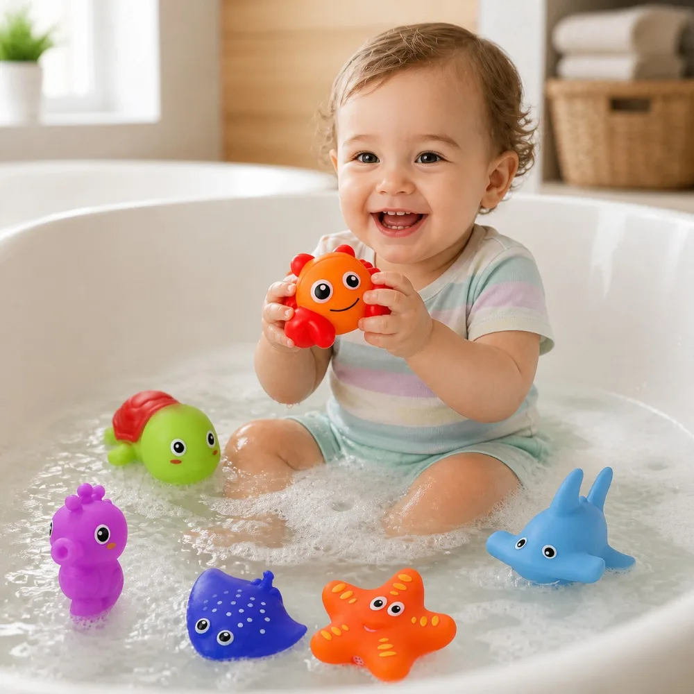 6 Pack Floating Water Toys Squeeze Squirt Toys Cute Animal Crab Seahorse Starfish for Kids Children, Random Color
