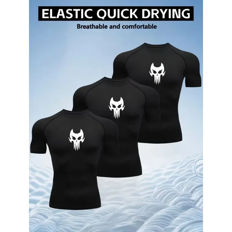 3PCS Men's High Elastic Compression Tight Fit Short Sleeve Shaping Workout Top Breathable Stretch Muscle Support Round Neck