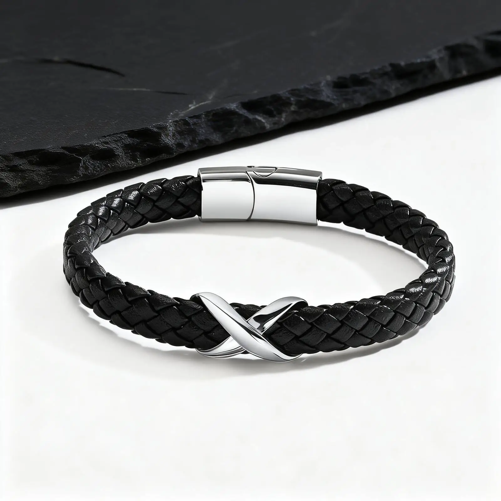 

Stainless Steel Infinity Black Leather Bracelet for Men,High Quality Microfiber Leather Wristband,Gift for Husband Dad Him