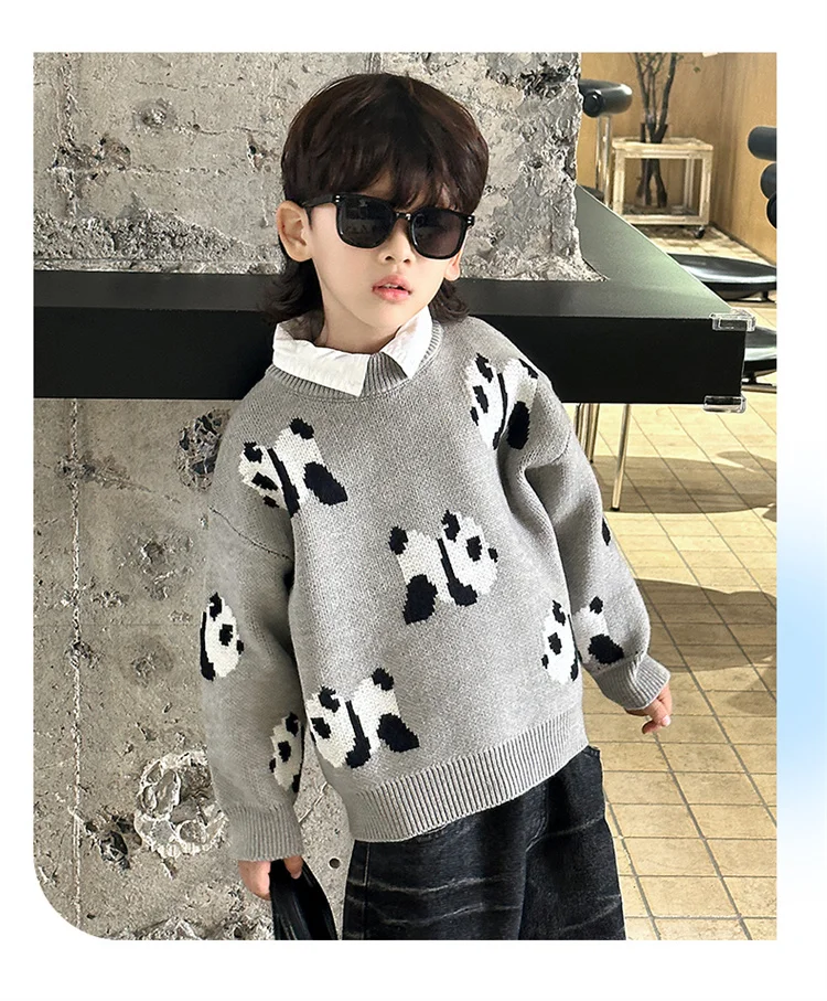Koreanische Niedliche Kinder-Panda-Pullover mit Cartoon-Drucken, Strickwaren für Jungen, Graue Panda-Kostüme, Kinder-Strickkleidung für Alter 2 3 5 7 9 11 Jahre – Detail 10