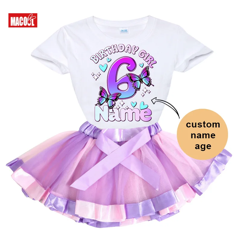 Girls Birthday Outfits Tutu Dress Set Butterfly Birthday Party Shirt Suit Girl Party Light Dress 5 Years Skirt Sets Long Sleeved