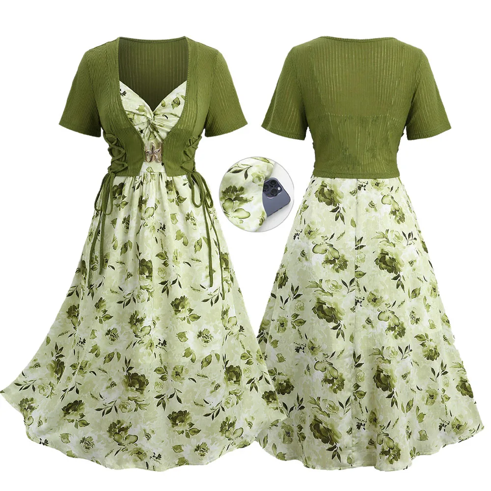 طقم فستان صيفي نسائي من ROSEGAL مقاس كبير مزين بالزهور برباط علوي مضلع وكشكشة مطبوع عليه أوراق شجر فستان كامي وصل حديثًا #1