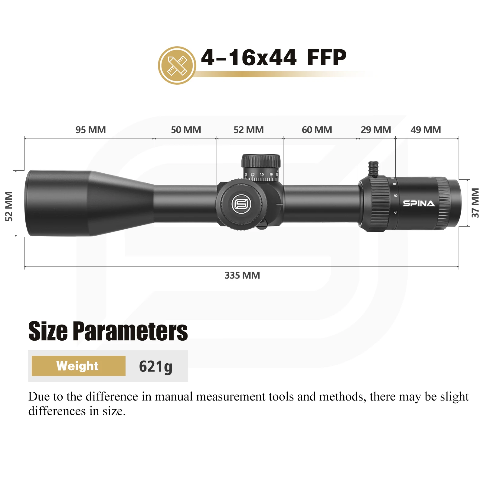 SPINA Optics 4-16x44 FFP First focal plane 5-200m Hunting Scope HD Lens 10yds to infinite Parallax Red&Green Illuminated
