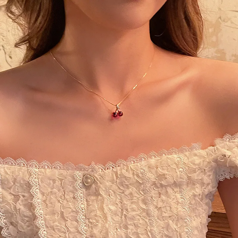 Juego de collar y pendientes con colgante de color dorado cereza roja vino para mujer, collar de moda con personalidad, joyería de boda, regalos de cumpleaños