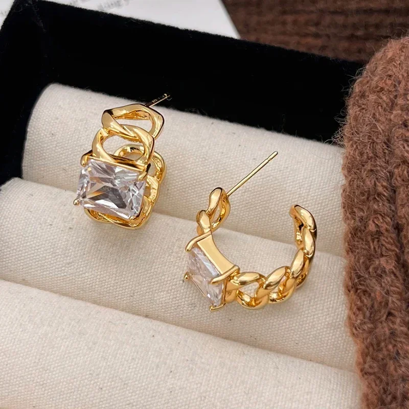 Geometric Charming Fried Dough Twists Edge Square Zircon Earrings for Women Distorted Trendy Fine Jewelry Minimalist Accessories