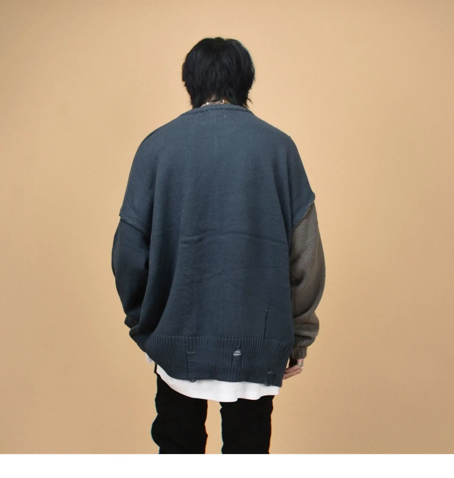 Spring and Autumn New Irregular Black and Green Patchwork Round Neck Sweater American High Street Men's Gray Knitted Sweater