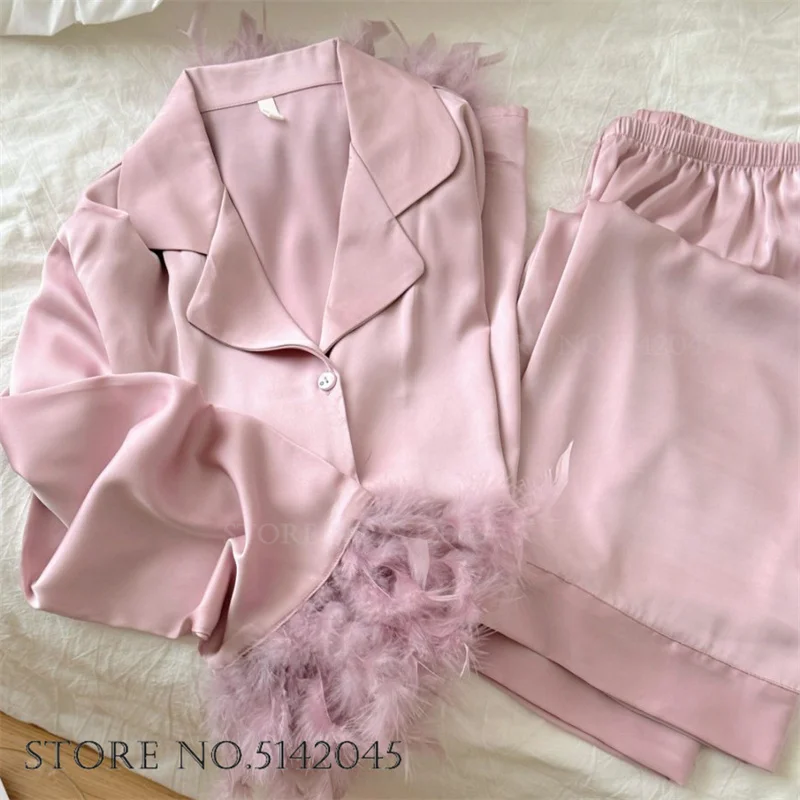 Trendy Feather Cuff Pajamas Set Loungewear Elegant Bride Wedding Party Sleepwear Gift Sexy Ice Silk Trouser Pijamas Homewear