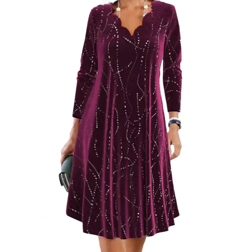 

Solid Color Women Dress Sequin V Neck A-line Midi Dress for Women Long Sleeve Flower Edge Soft Pullover Knee Length Party Prom