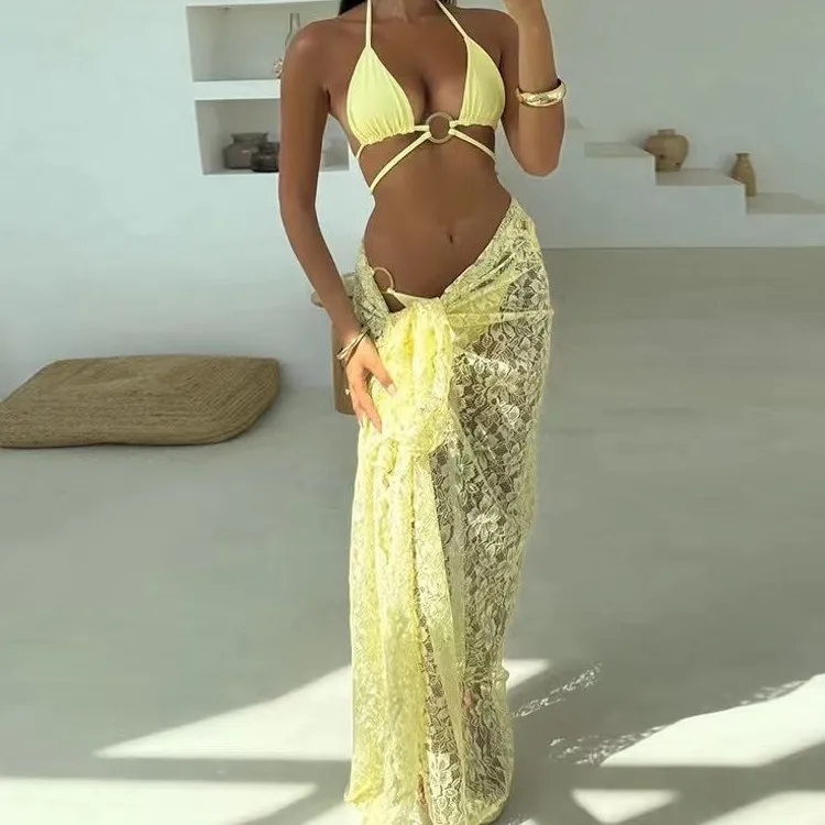 

Bikini Set Three Piece Floral Print Long Dress Blouse Sweet Solid Color Beachwear Women Summer Swimsuit Fashion Holiday