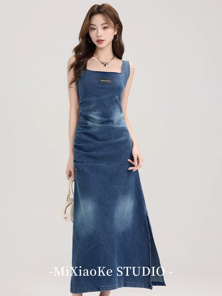 

MiiiiX French Elegant Retro Sleeveless Denim Dress Women's 2024 Summer Slim Folds Split Design Sheath Long Dress Female Clothes