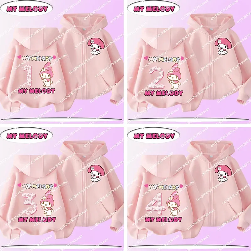 

2025 New Children's Zippered Hooded Sweatshirt - Melody 1-12 Years Old Cartoon Print Hello Kitty Series Girls Cute Casual Shirt