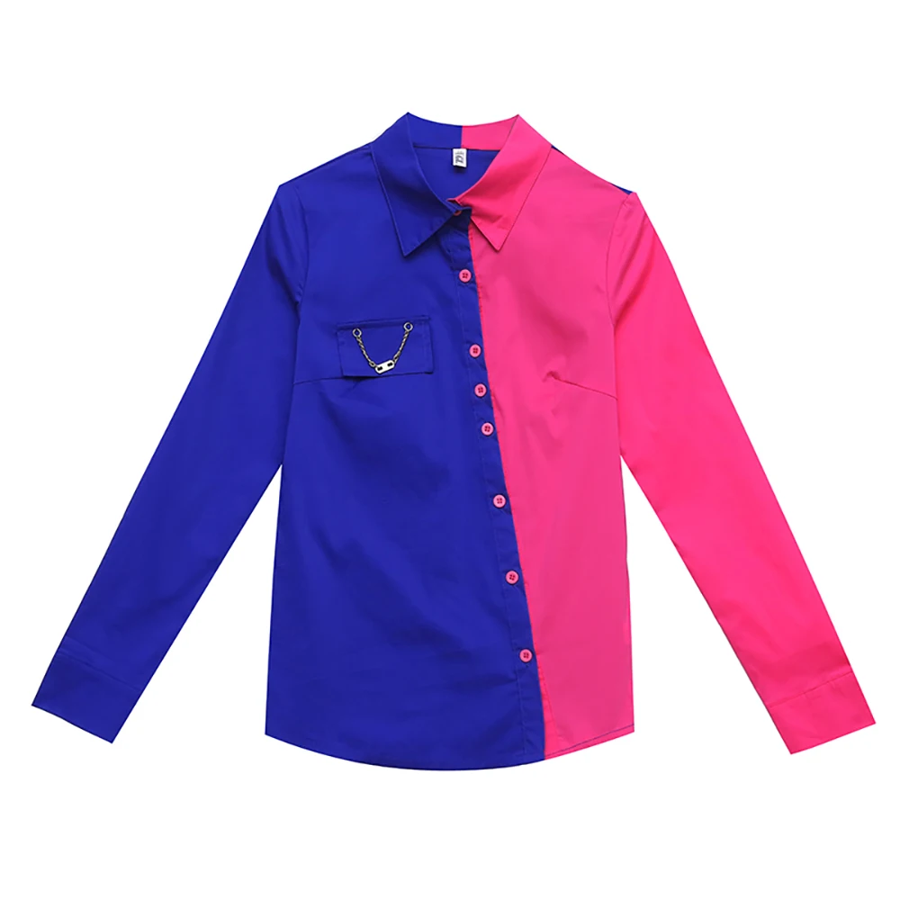 

Faionable Contrast Color Chain Print Slim Fit Long Sve Collar Women's irt Street Sle Trendy Autumn Winter New A...