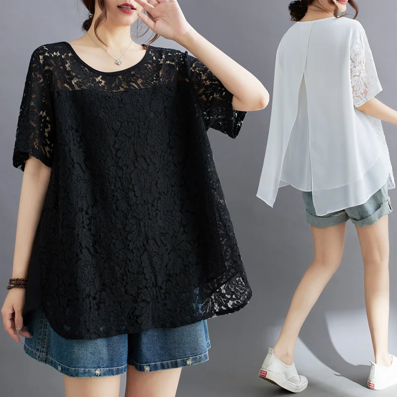 

New 2025 New Spring Summer Vintage Solid Short Sleeve Lace Casual Loose Tee T-Shirt Women's Ladies Tops Clothing