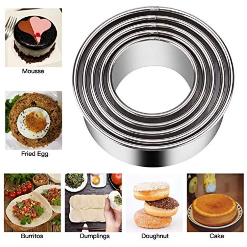 

5Pcs Stainless Steel Biscuit Mold Set Graduated Sizes Round Baking Mould Dishwasher Safe Non-Rust Pastry Baking Circle Ring