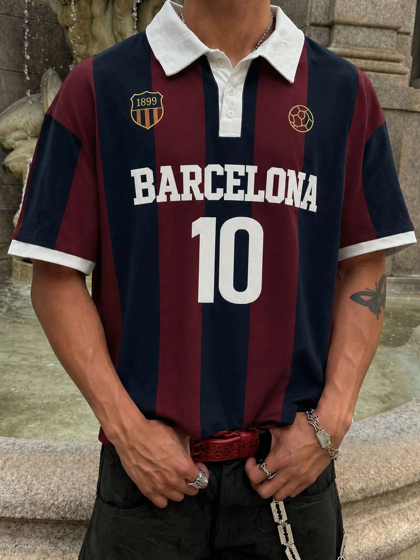 Men's Barcelona Football Jersey Style Polo Shirt, Striped Pattern T-Shirt, Modern Loose Fit Sports Summer Streetwear