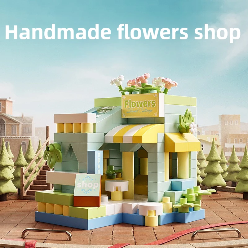 Mini City Street View Flower Shop Food House Building Blocks Kit Home Decor Girls Assembly Bricks Model Kids Educational Toy