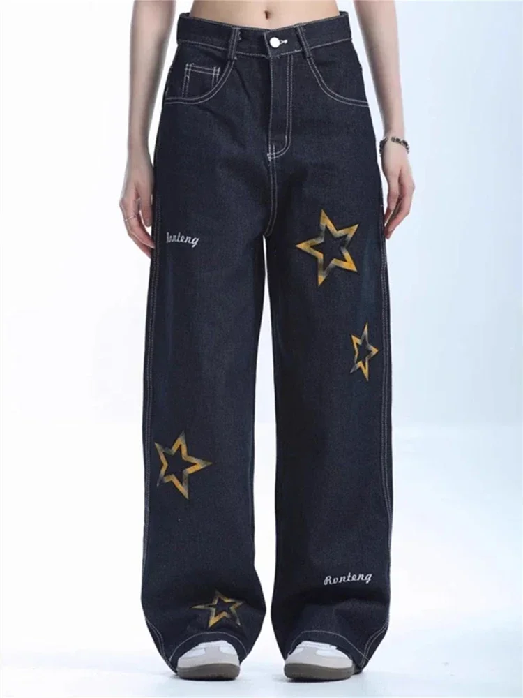 Women's Star Pattern Wide-leg Dark Blue Jeans Street Girl Bottoms Pants Female Fashion High Waist  Baggy Denim Trousers