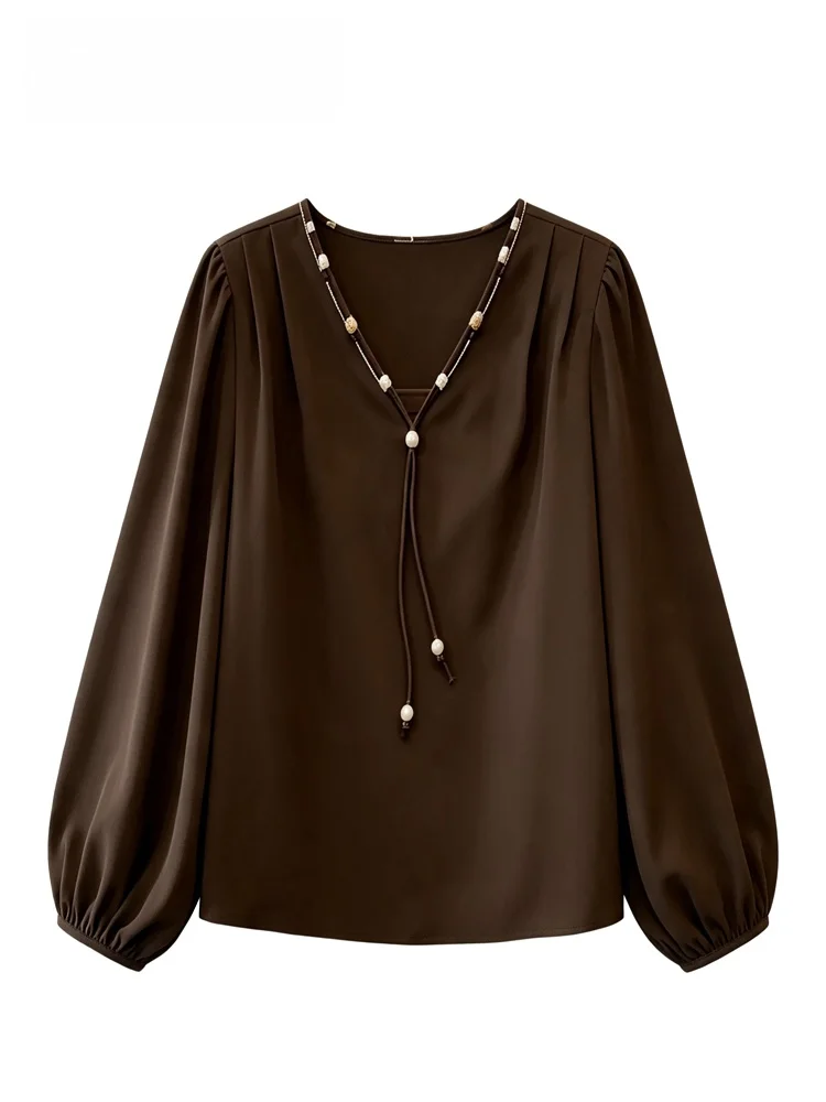 plus Size Women's Long Sleeve Shirt Vintage V-Neck Loose Fit Autumn Fashion Casual Wear for Plump Sister Big Shoulder Design