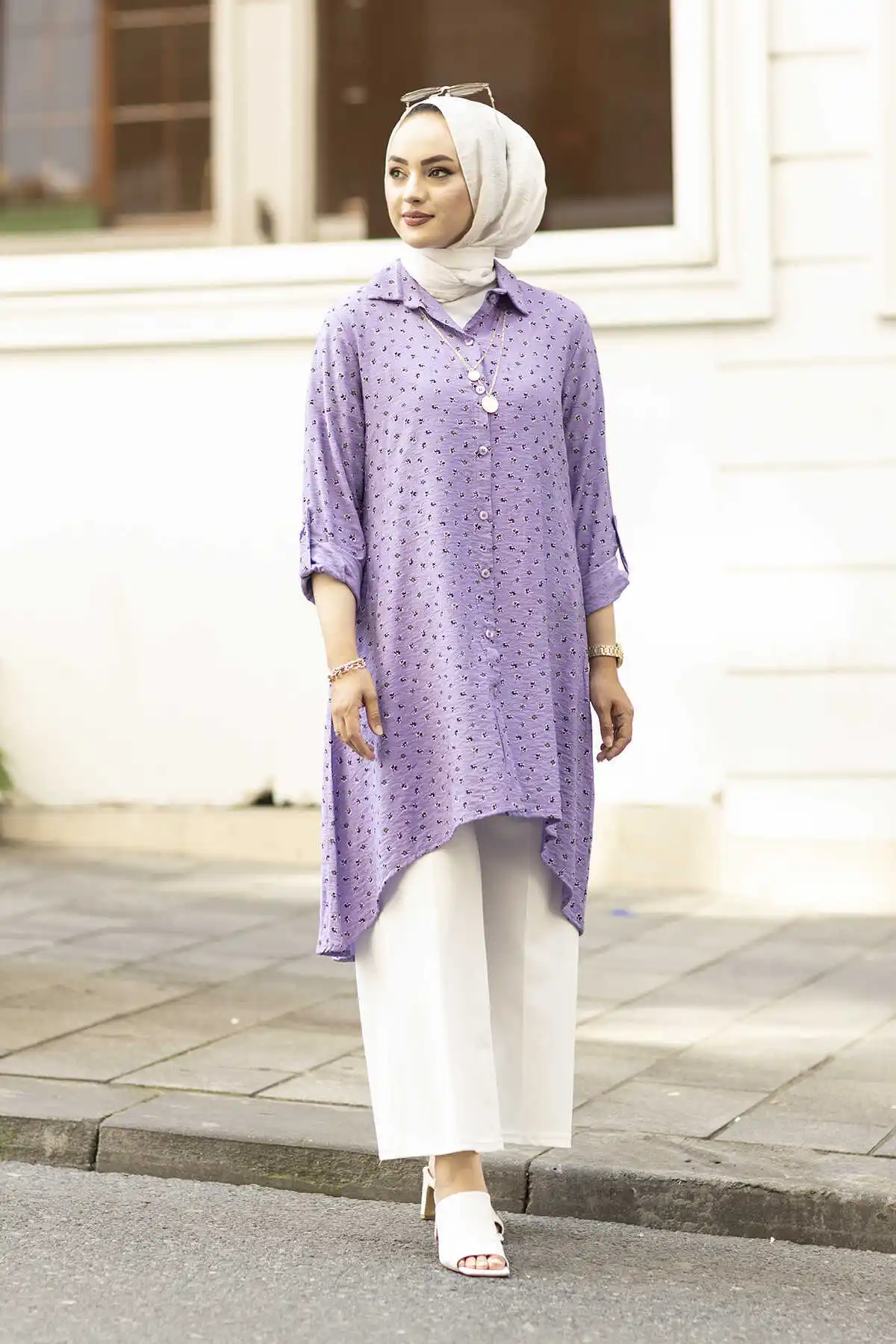 

Patterned Asymmetrical Cut Shirt TH-Purple Winter Autumn 2021 Muslim Women Hijab headscarf Islamic Turkey