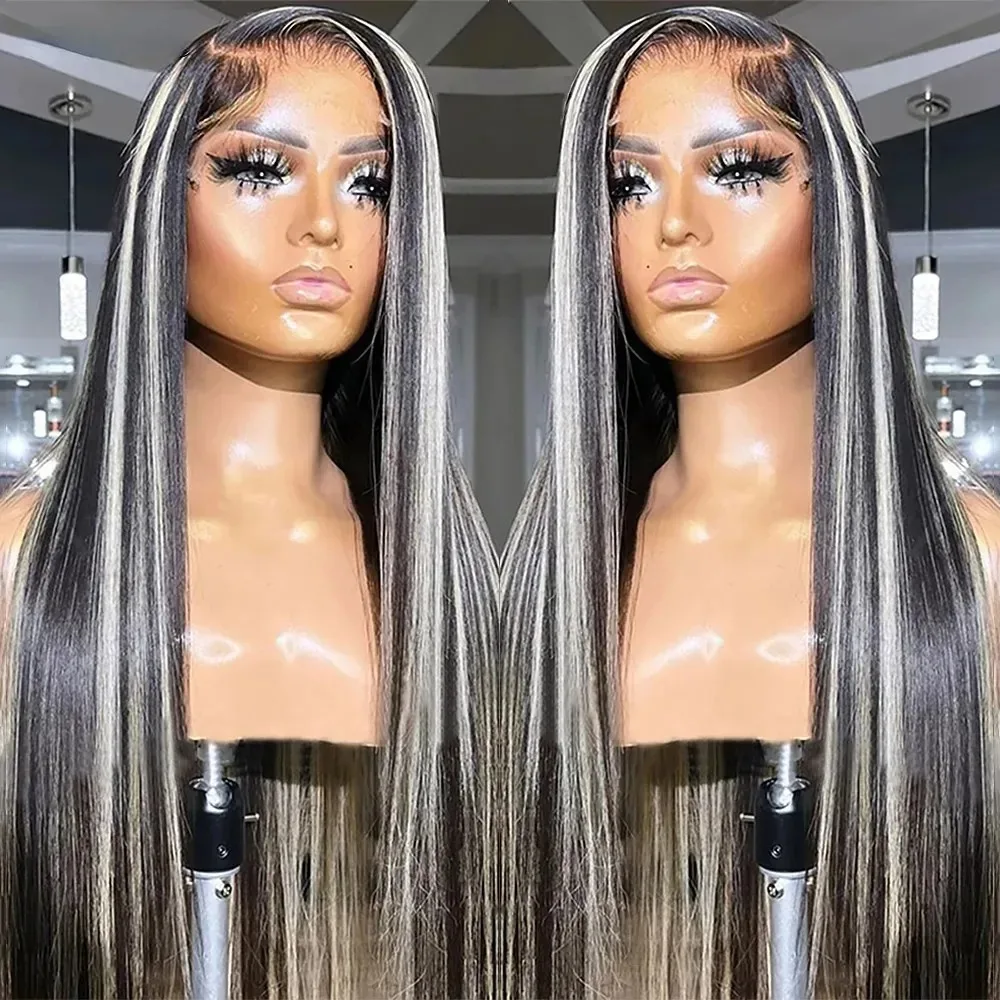 블랙 하이라이트 그레이 가발 본 스트레이트 레이스 프론트 가발 13x4 HD 레이스 프론탈 가발 합성 고품질 내열성 데일리 착용
