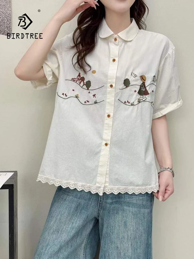 

New 2026 Summer Women Cotton Short Sleeve Shirt, Lapel Embroidery Lace, Mori Girl Sweet Preppy Style Thin Loose Blouse T64351CC