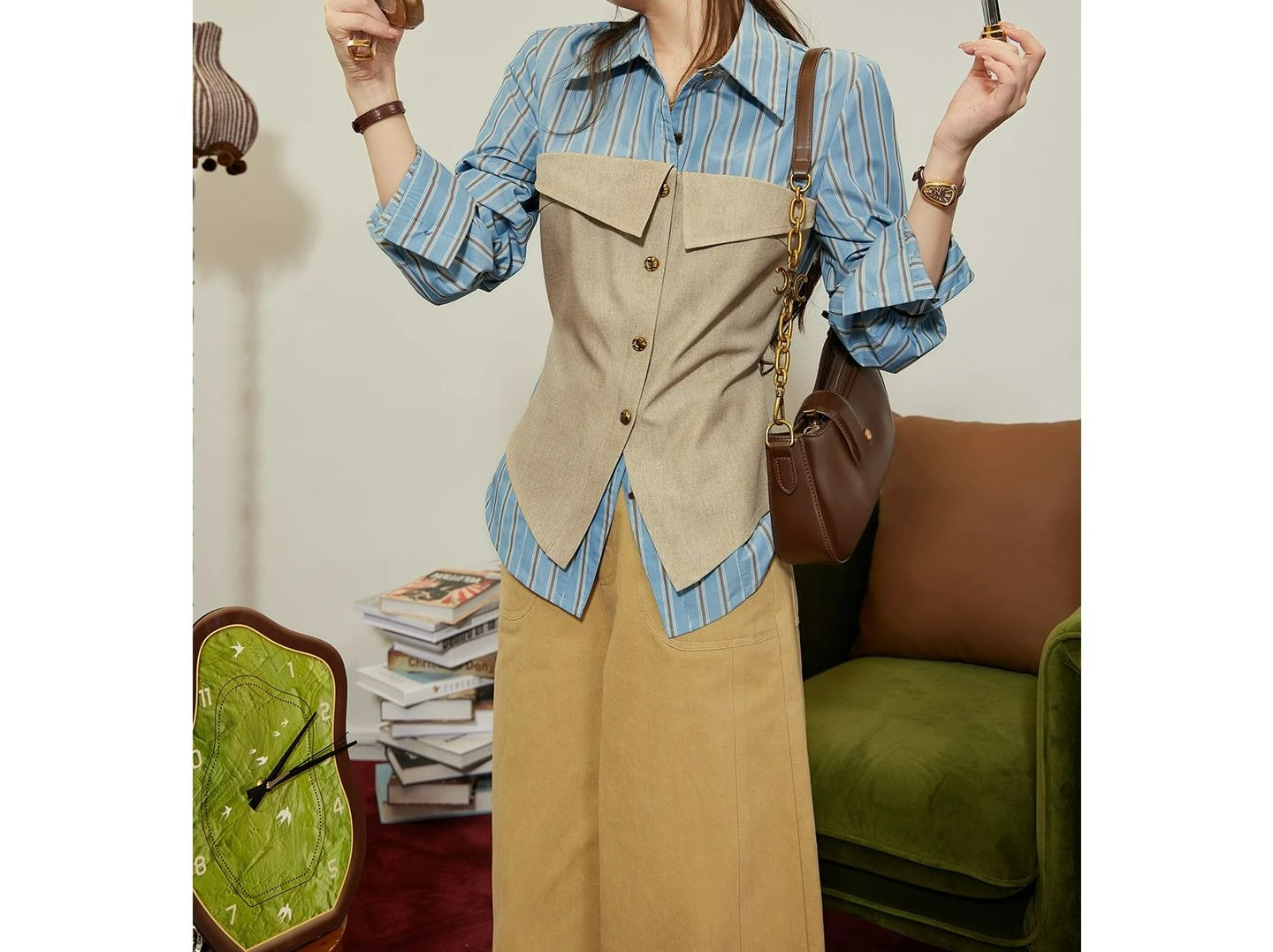 2026 Early Autumn Retro Splicing Vertical Pattern Design Sense Long Sleeve Cardigan Shirt