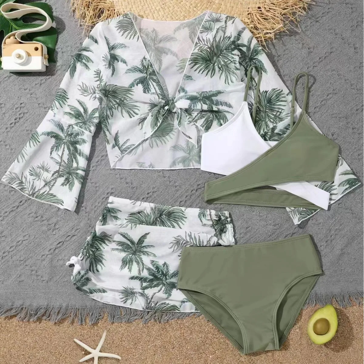 Girls 4pack Coconut Palm Print Bikini Sets with Beach Skirt&Long Sleeve Crop Top Kids Swimsuit 7-12 Years Children's Swimwear image 5